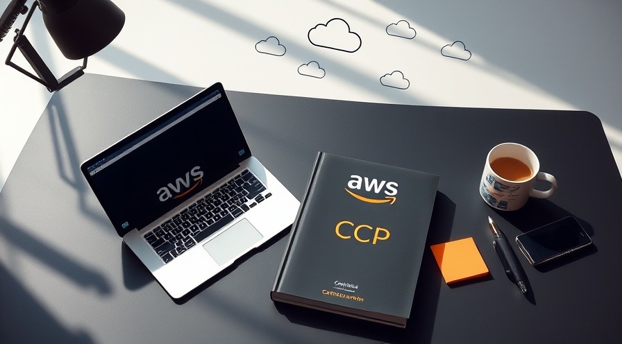 Flat lay of AWS study tools on a sleek desk with coffee, notes, and motivational icons.