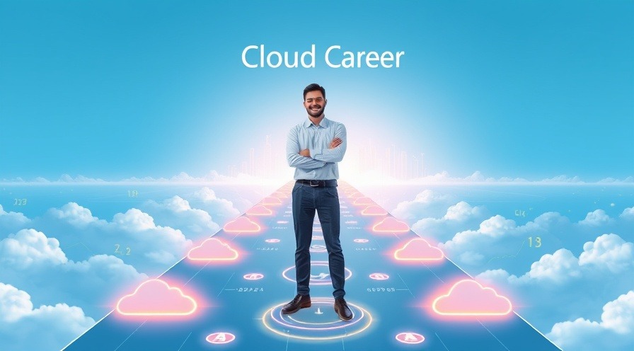 Confident young professional on a glowing digital pathway towards a 'Cloud Career' skyline.