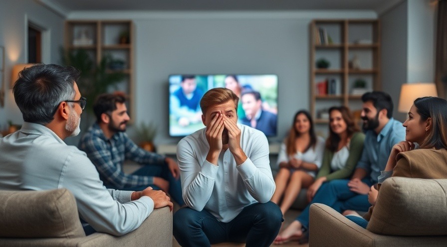 friends and family in living room watching TV, one sneezing.