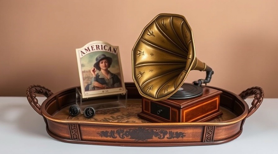Vintage decorative tray with gramophone showcasing Americana museum themes in warm lighting.