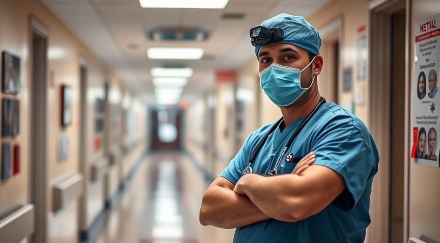 Medical professional in scrubs preparing for heart surgery in a sterile hospital corridor.
