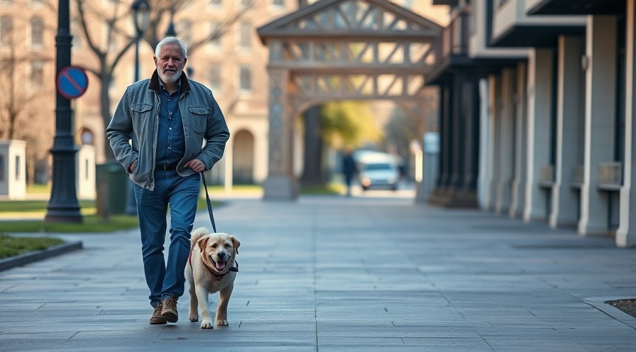 Middle-aged man walking a dog, highlighting dog health benefits and emotional support.