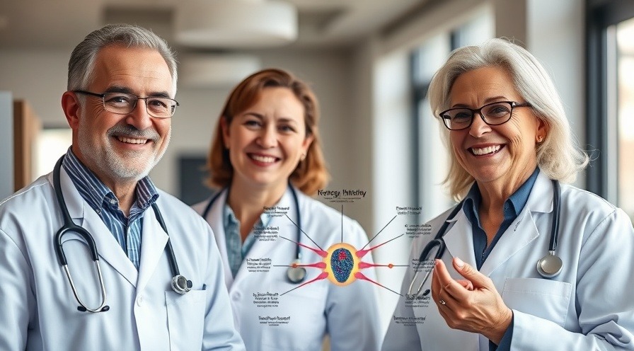 Middle-aged doctors discussing ATP in exercise with a detailed mitochondria infographic.