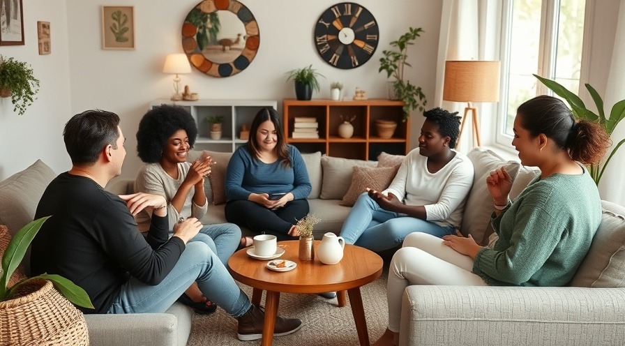 Diverse adults practicing self-care together in a cozy living room.
