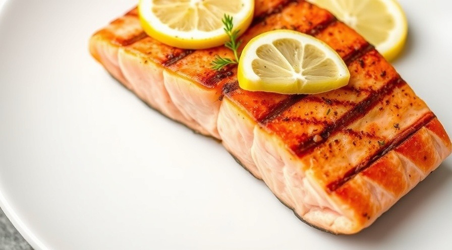 Juicy grilled salmon fillet garnished with lemon and herbs, heart-healthy foods