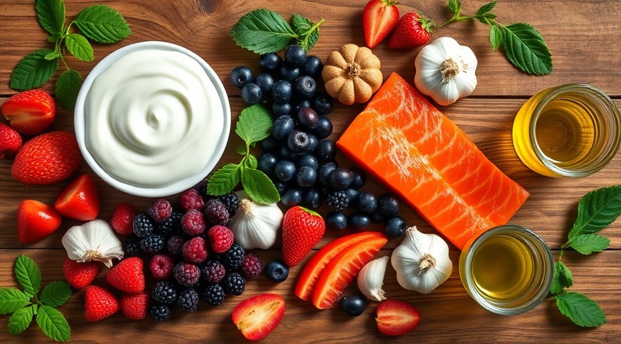Vibrant flat lay of gut-healing foods like yogurt and salmon on wooden table