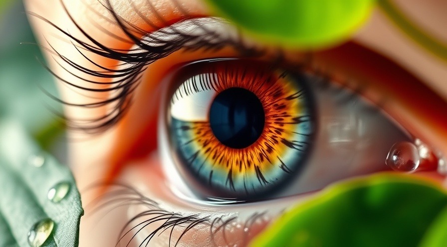 Close-up of a healthy eye with vibrant iris details, surrounded by nature.