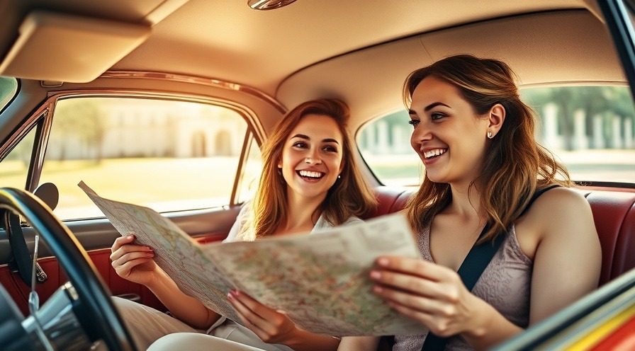 Joyful women enjoying healthy travel snacks in a classic car on a road trip.