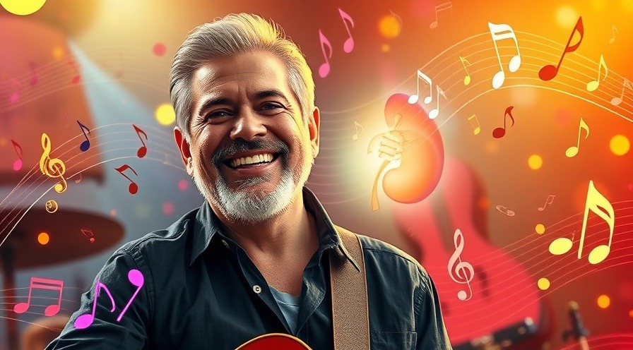 Joyful musician post-kidney transplant, vibrant notes symbolizing improved quality of life.