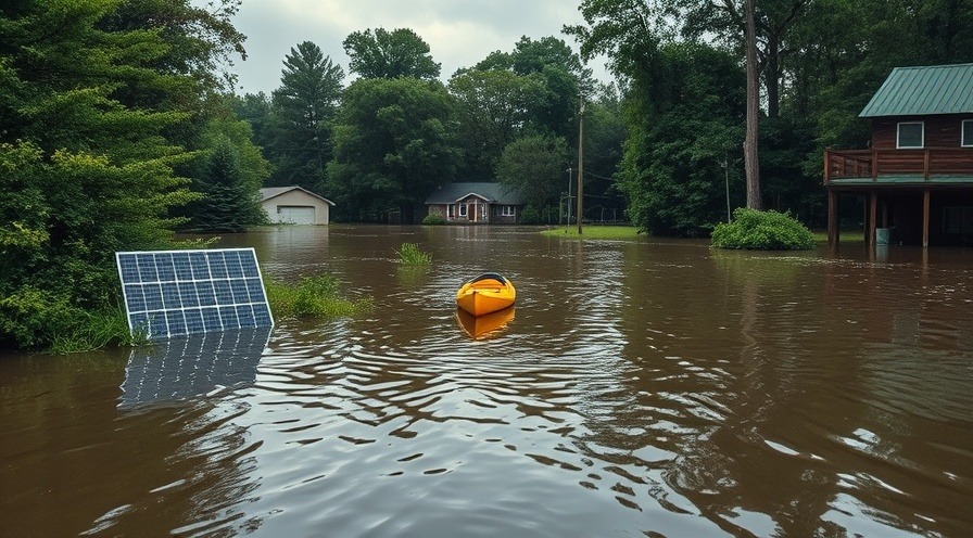 Rural NC floodwaters highlighting community resilience and disaster preparedness with solar panels.