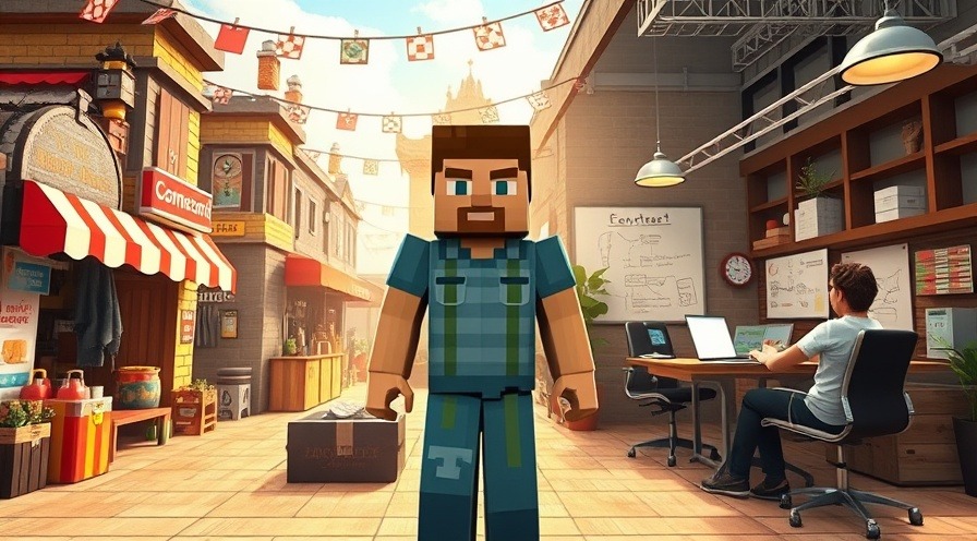 Minecraft player in a vibrant marketplace alongside a young entrepreneur pitching ideas.