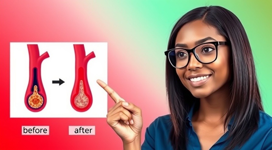 A woman illustrates arterial health, showcasing clogged vs clean arteries, symbolizing a heart-healthy diet.