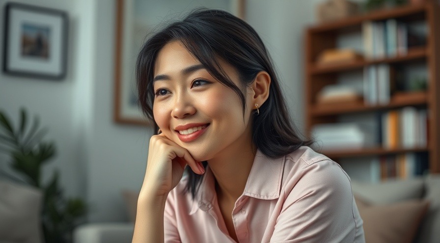 Thoughtful woman smiling, managing OCD and intrusive thoughts.