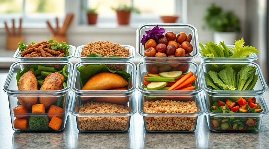 Realistic colorful meal prep containers with balanced macros, vibrant veggies and proteins.