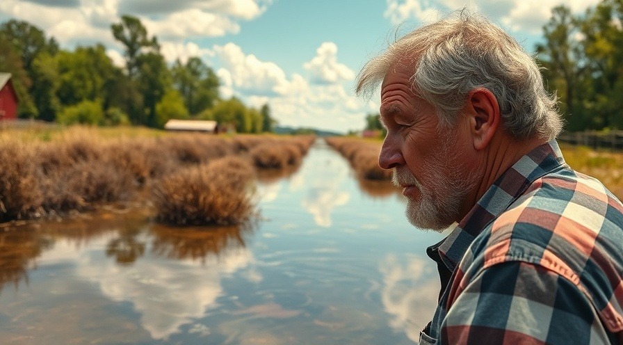 Concerned North Carolina resident inspects murky water quality in vibrant rural landscape.
