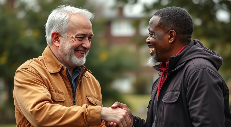 Two middle-aged men smiling and shaking hands, embodying stress reduction techniques and a positive mindset.