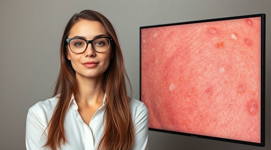Confident woman alongside detailed illustration of psoriasis treatment skin patches.