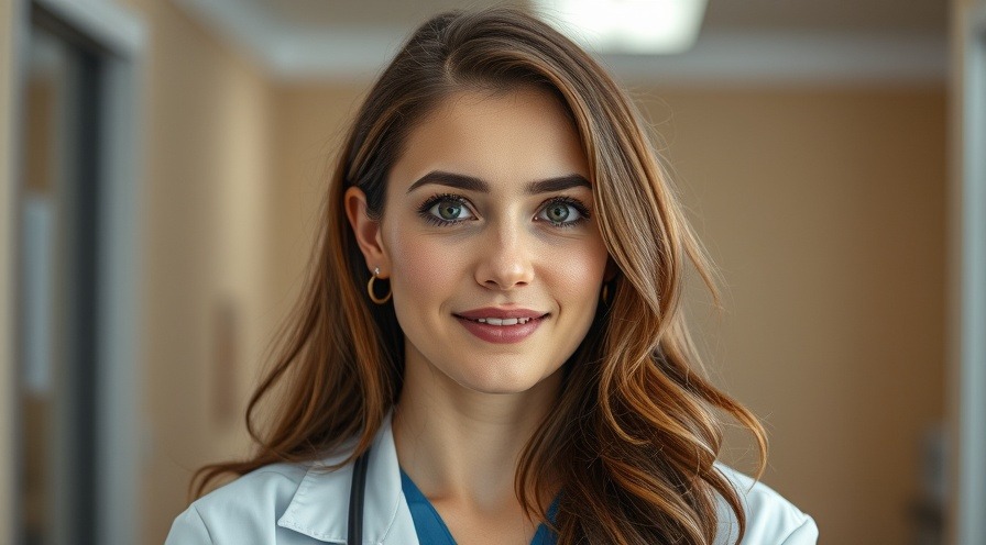 Empathetic female doctor smiling gently, showing care and concern.