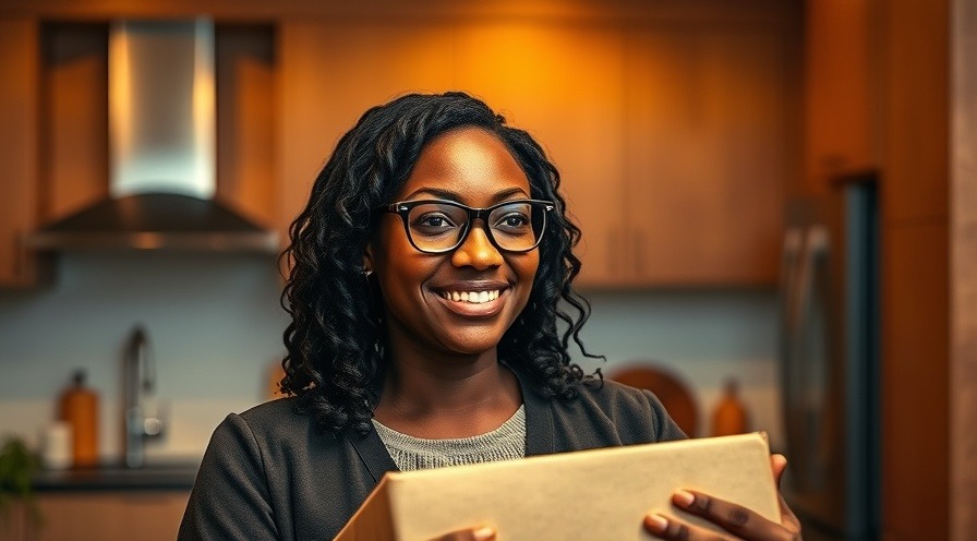 Smiling woman in a modern kitchen, promoting benefits of organic produce.