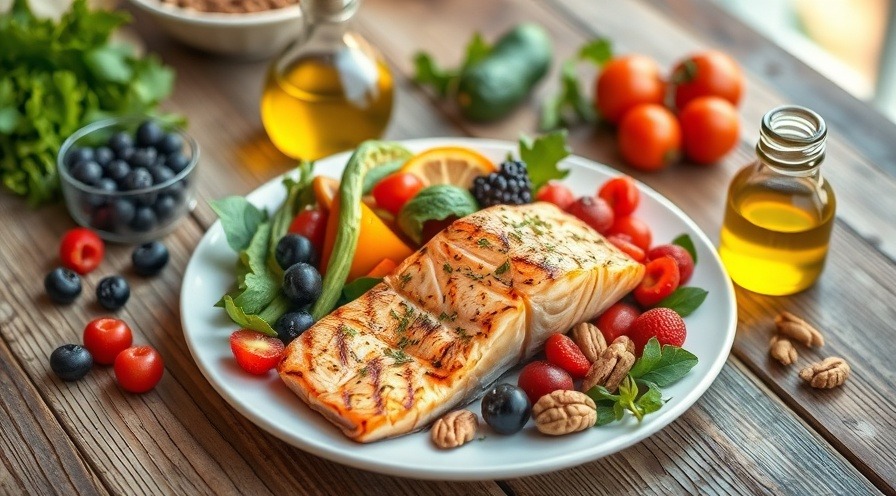 Mediterranean plate with grilled salmon and vibrant veggies for an anti-inflammatory diet.