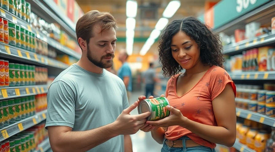 Engaging close-up of two people in spring t-shirts examining canned food labels in a warm grocery store aisle.