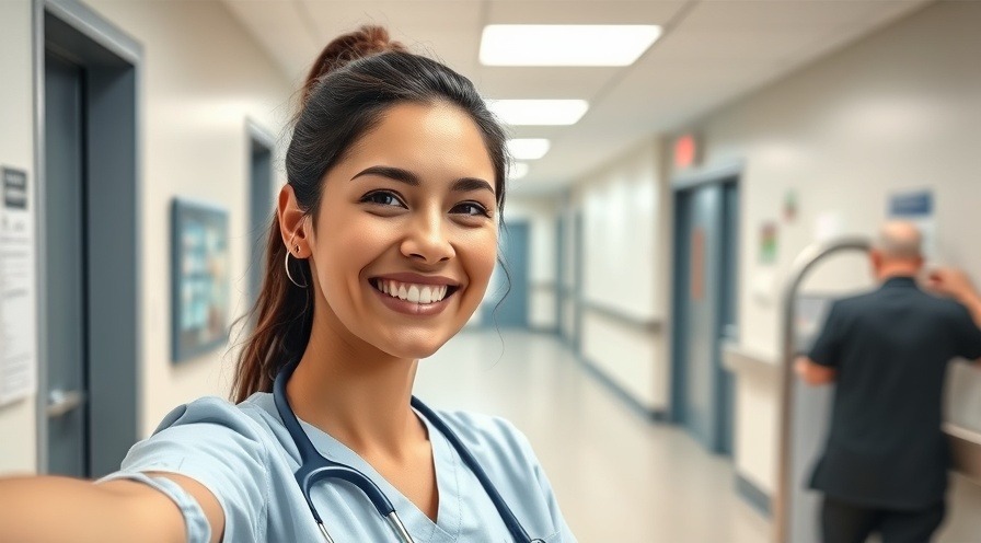 Cheerful nurse smiles in a hospital, embodying cancer support and patient experience.