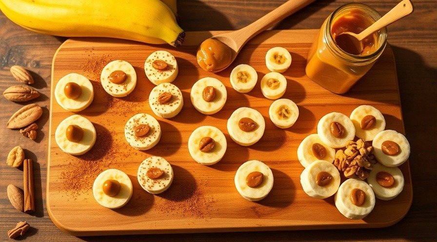 Creative peanut butter and banana presentations on a rustic wooden cutting board.