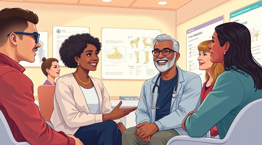 Diverse group discussing medications for inflammatory arthritis in a bright clinic.