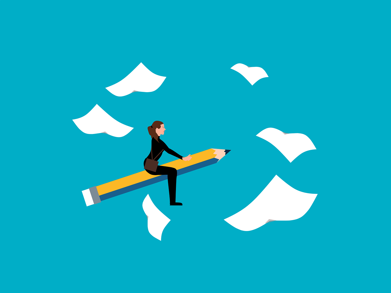 woman flying on a pencil icon