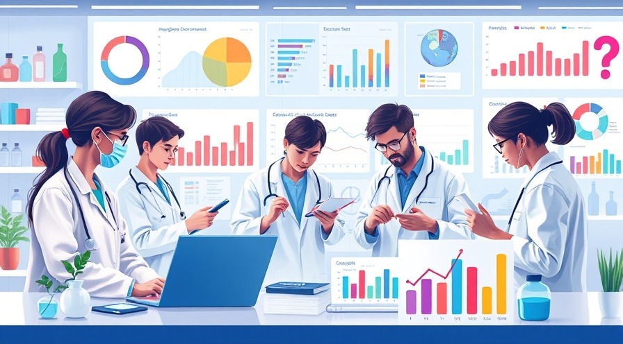 Diverse researchers in a bright lab analyzing data in a health study infographic.