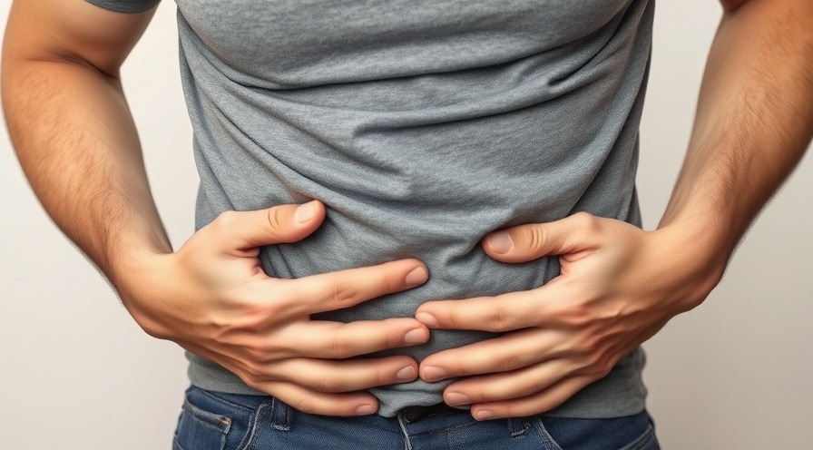 man clutching his stomach due to digestive issues.