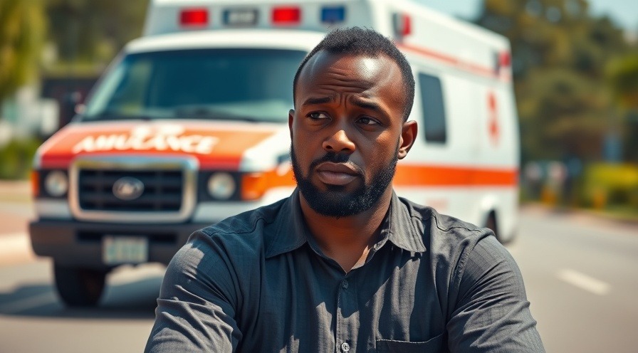 Middle-aged man concerned about emergency situations near an ambulance.