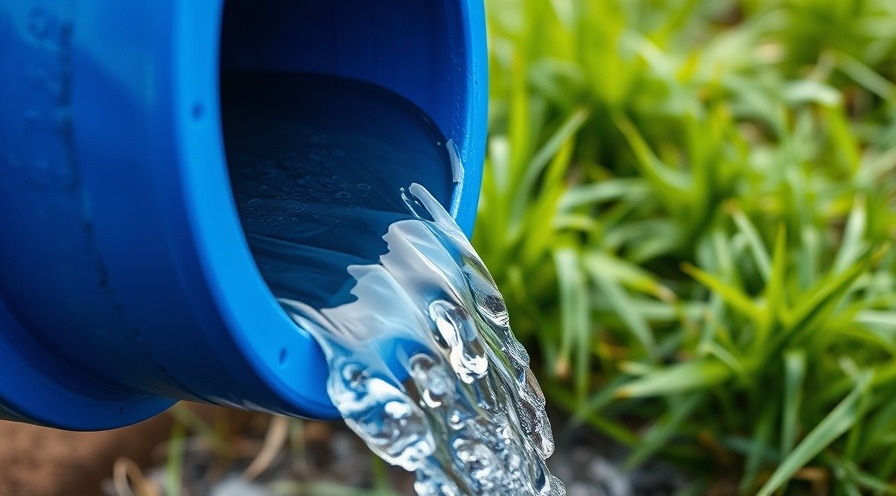 Close-up of a blue industrial pipe with flowing water, highlighting environmental safety and water quality.