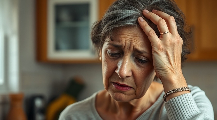 Middle-aged woman in distress showing symptoms of stroke in a warm kitchen.