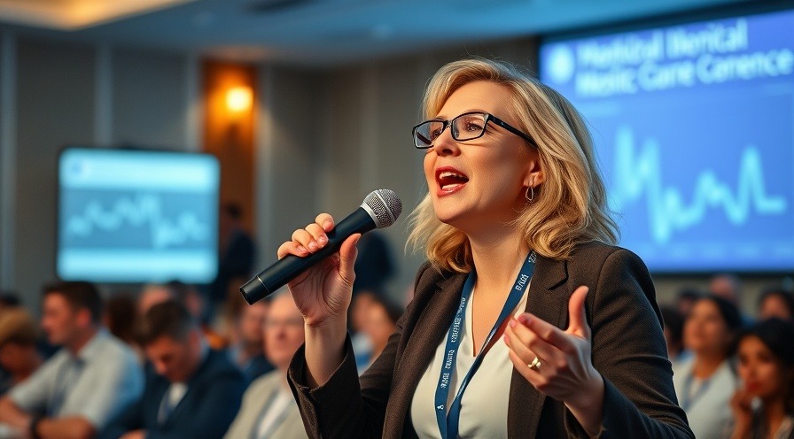 Energetic woman presenting FDA-approved Alzheimer's test at a medical conference.