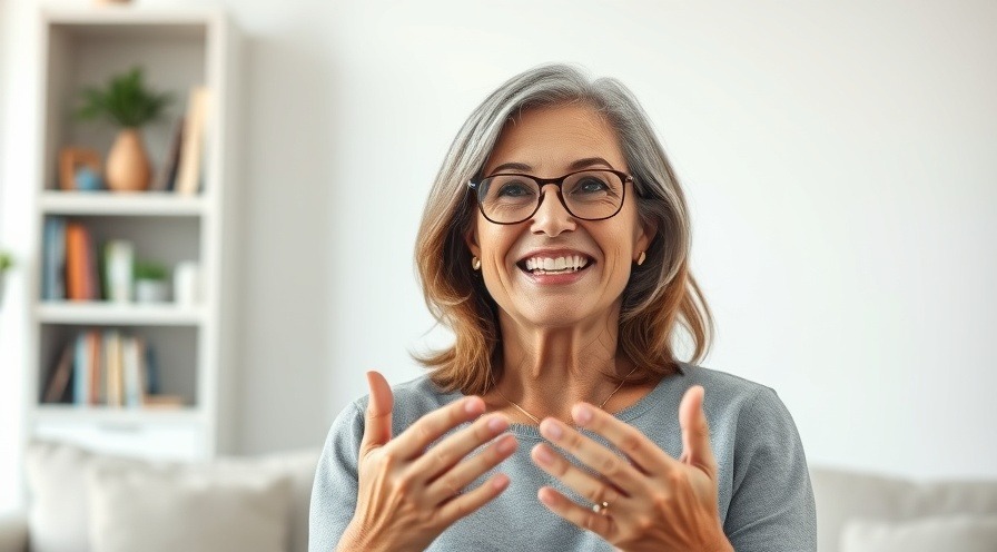 Smiling middle-aged woman learning about soluble fiber for heart health in a modern living room.