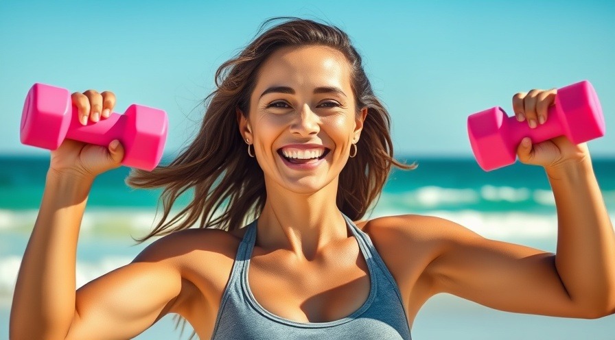 Energetic woman exercising with pink dumbbells, exemplifying motivation tips for fitness goals.