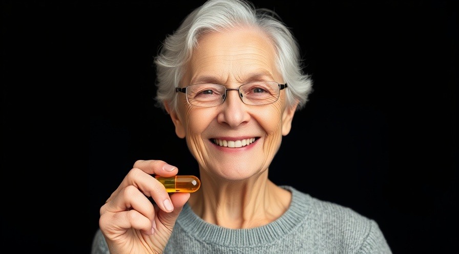 Smiling elderly woman holding a vibrant vitamin D capsule on a plain black background.