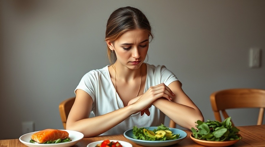 Thoughtful woman examining forearm for eczema triggers with healthy anti-inflammatory foods.