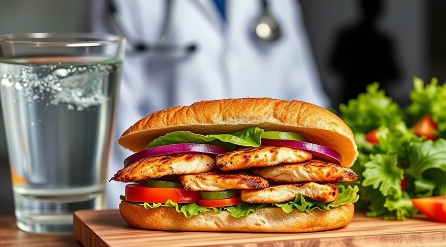 Grilled chicken sandwich with veggies, side salad, and water with health theme.