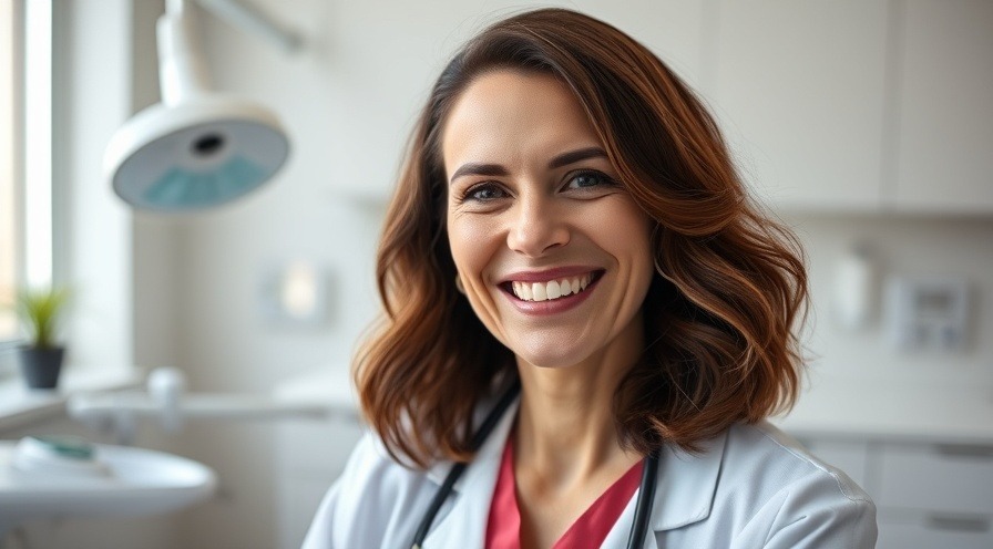female dentist smiling, promoting dental health and addressing tooth sensitivity.