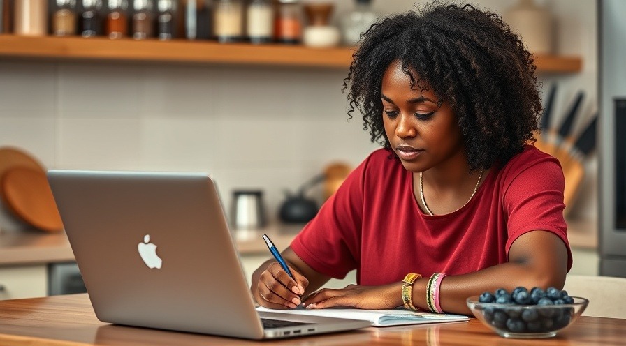 Holistic nutrition therapist writing in kitchen, showcasing personalized support in education.