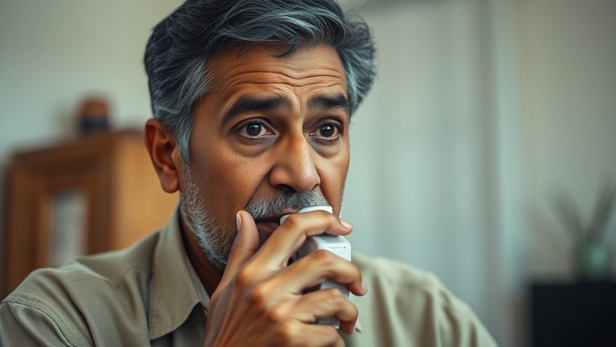 Thoughtful middle-aged man with inhaler, representing asthma management and nasal polyps.