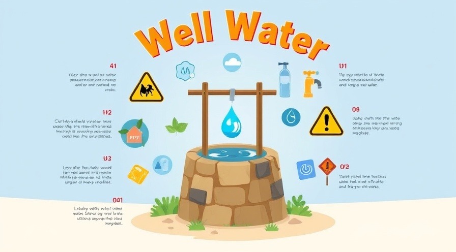 Vibrant poster illustrating drinking water safety and well water contamination icons.