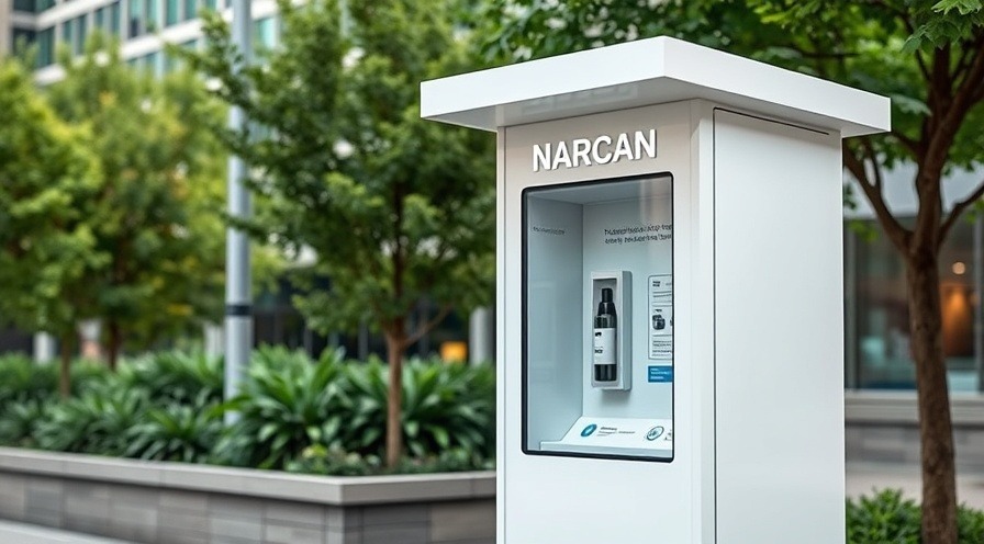 Modern Narcan kiosk promoting overdose prevention in urban community health initiatives.