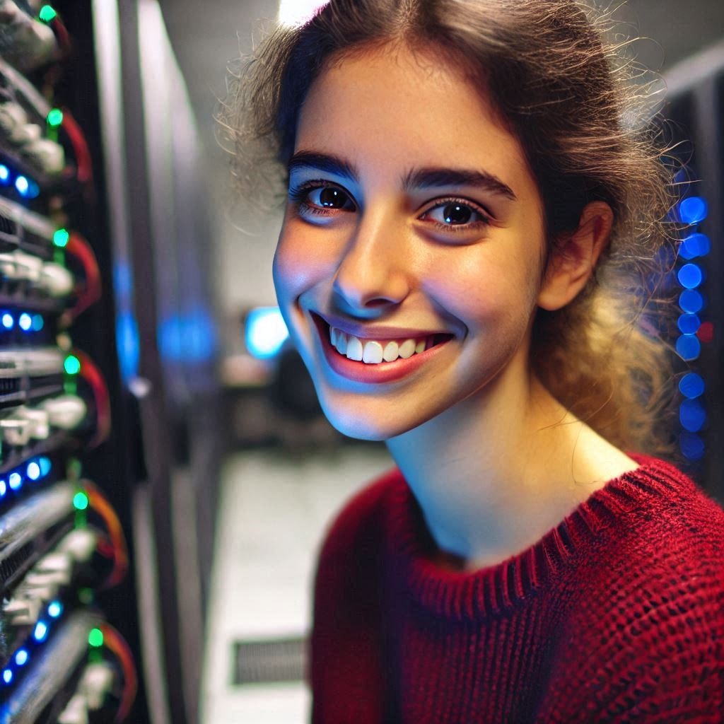 smiling young woman in computer server room
