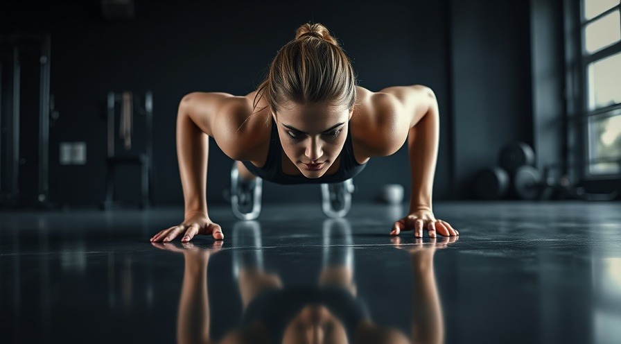 Athletic woman doing push-ups in a gym, showcasing bodyweight training and fitness at home.