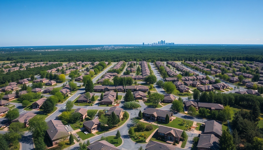 Aerial view of retirement community with city skyline.