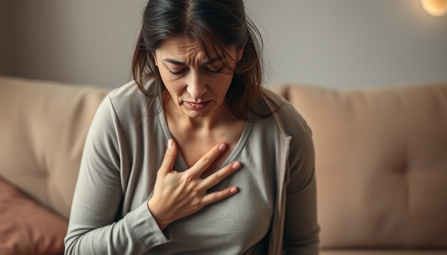 Woman experiencing heart attack signs, holding chest in discomfort.