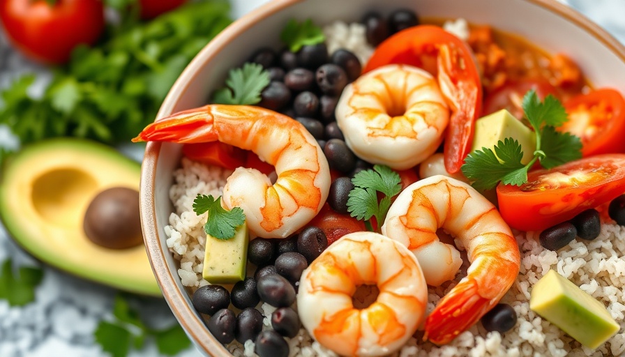 A colorful bowl of healthy ingredients like shrimp, beans, and avocado.